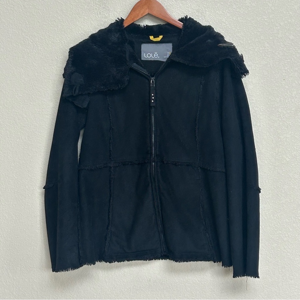 Lolë Women’s Black Faux Shearling Zip Jacket Plush Fuzzy‎ Lined Coat Large Warm